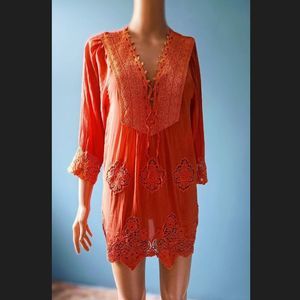 RARE!!! LYNN ADLER Orange Silk Tunic/Mini Dress, Plunge Neckline - Size S